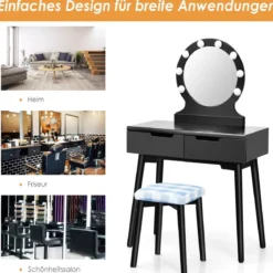 Schminktisch-Set mit gepolstertem Hocker rundem Spiegel Schubladen strapazierfähiger Struktur Schwarz