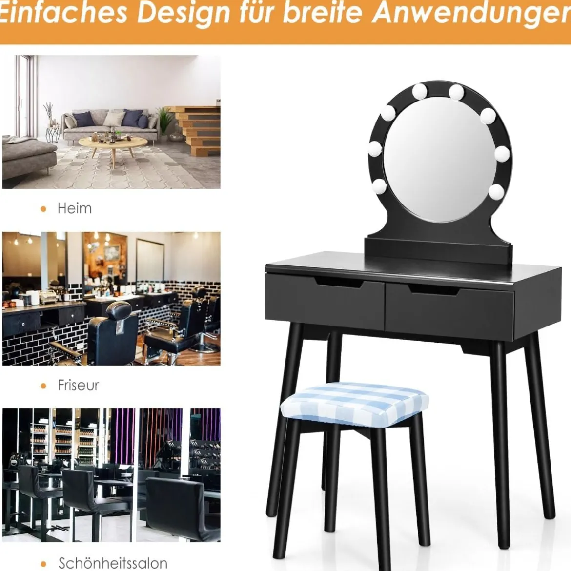 Schminktisch-Set mit gepolstertem Hocker rundem Spiegel Schubladen strapazierfähiger Struktur Schwarz
