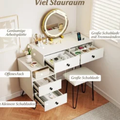 Schminktisch Set mit Hocker & Beleuchtung & Steckdose & Drehbarer Spiegel Kosmetiktisch
