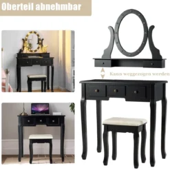 Schminktisch Set mit LED Beleuchtung Frisiertisch mit Hocker und Spiegel Frisierkommode Kosmetiktisch mit 5 Schubladen