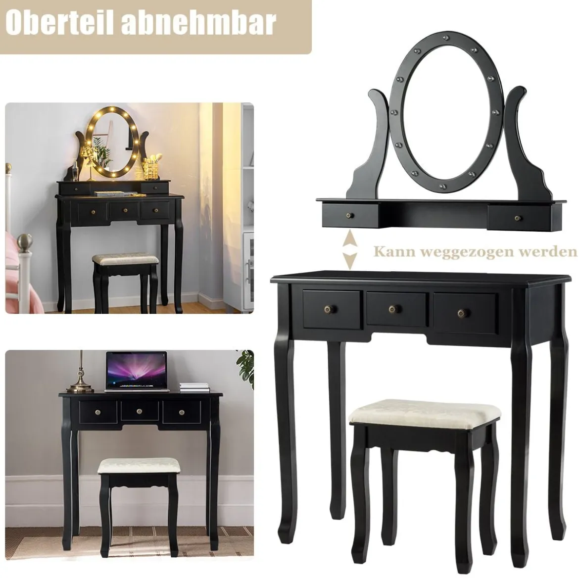 Schminktisch Set mit LED Beleuchtung Frisiertisch mit Hocker und Spiegel Frisierkommode Kosmetiktisch mit 5 Schubladen