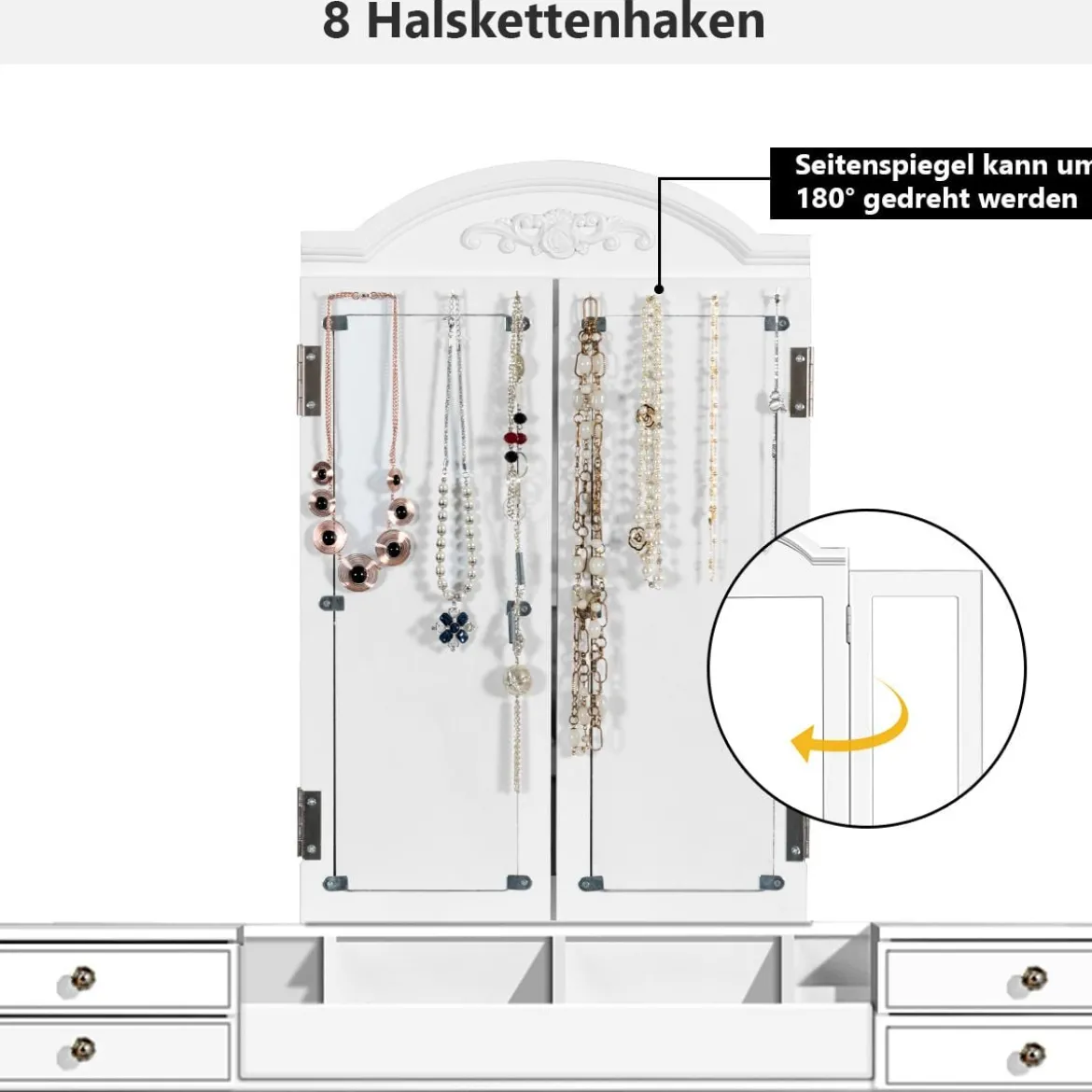 Schminktisch Set mit 7 Schubladen 3 fach klappbarem Halsketten Spiegel Kosmetiktisch Weiß