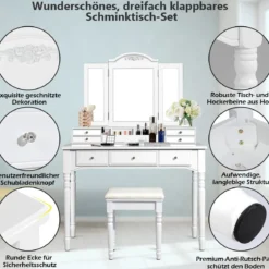 Schminktisch Set mit 7 Schubladen 3 fach klappbarem Halsketten Spiegel Kosmetiktisch Weiß