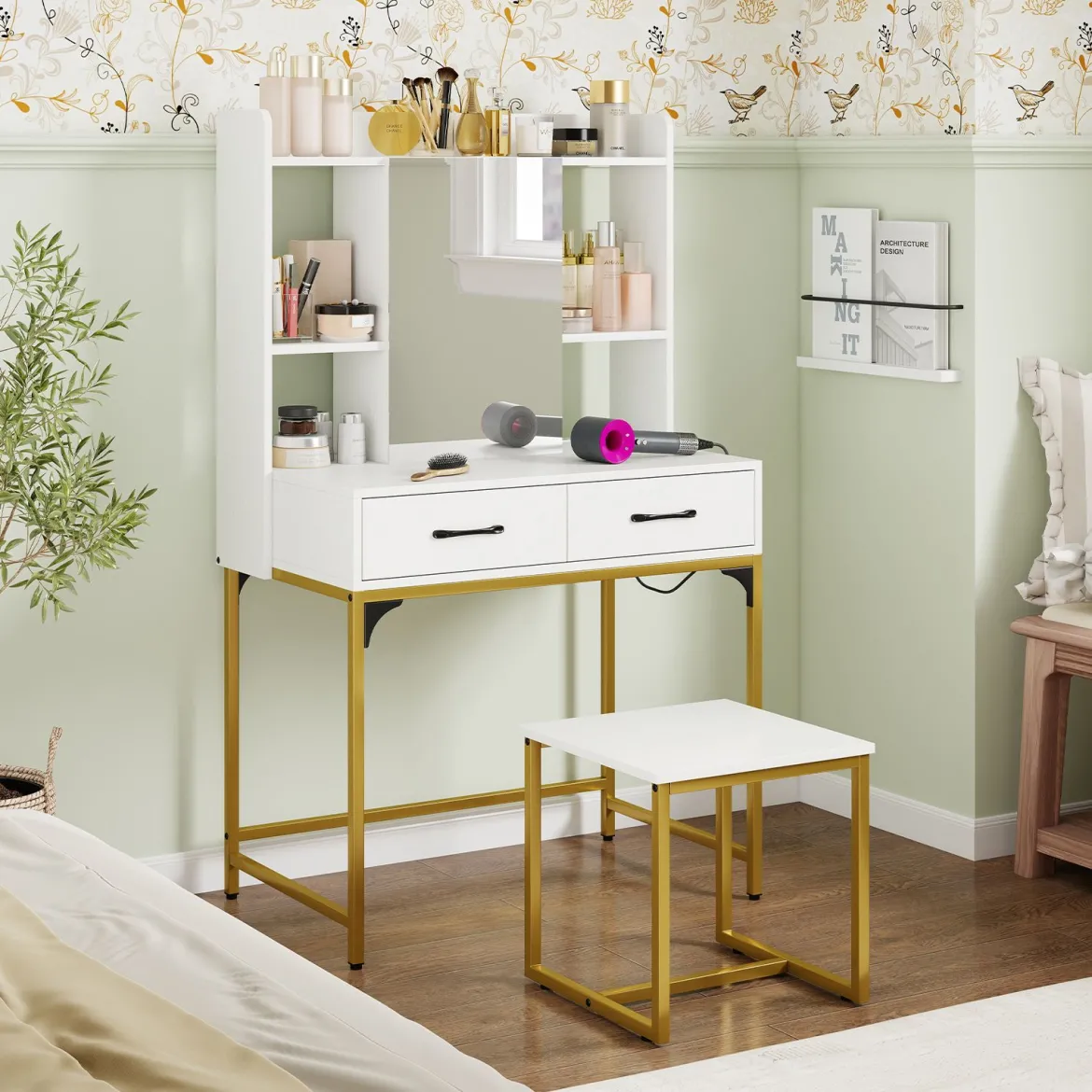 Schminktisch-Set mit Spiegel Schminktisch mit Ladestation Schubladen offenen Regalen und Spiegelschrank für Schlafzimmer Weiß