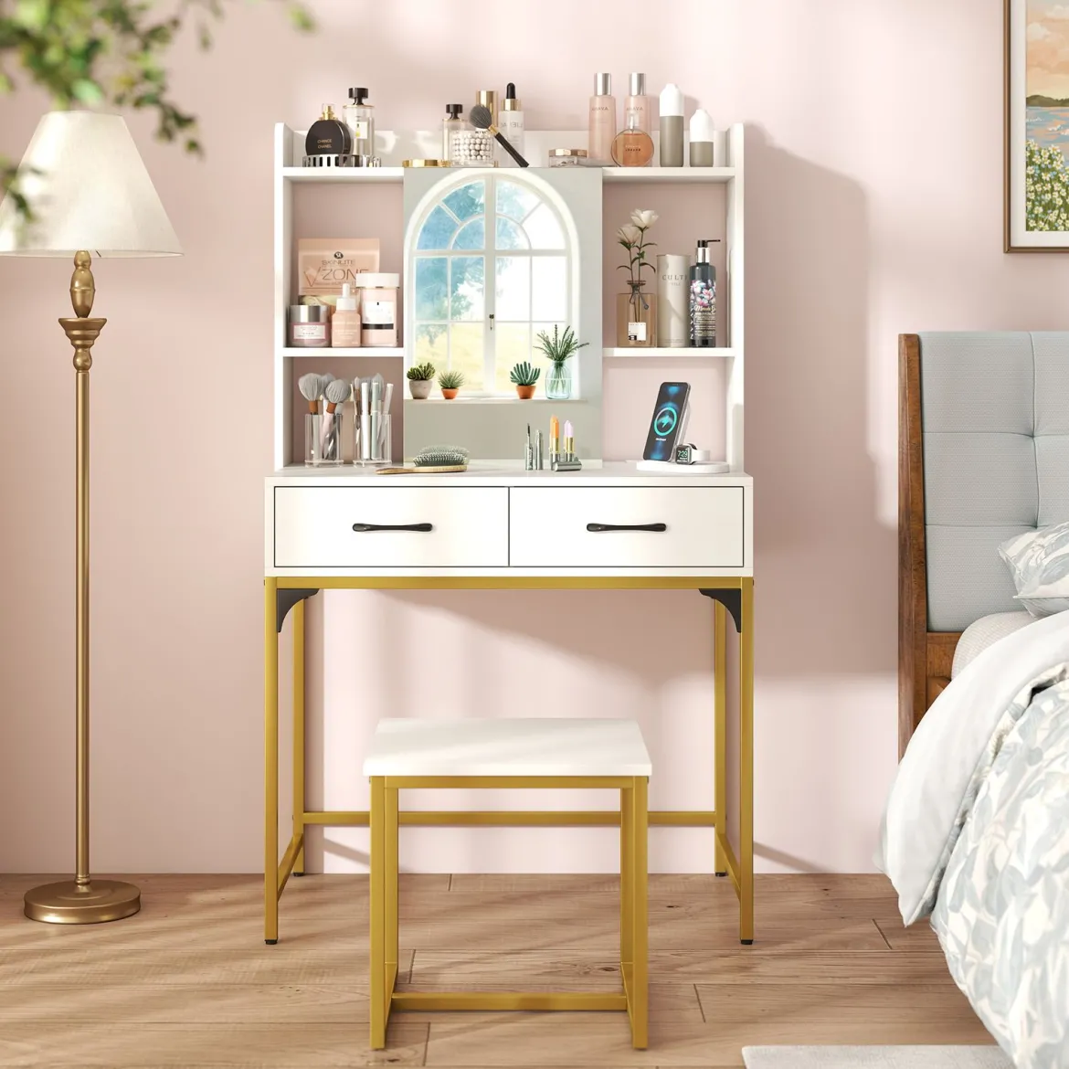 Schminktisch-Set mit Spiegel Schminktisch mit Ladestation Schubladen offenen Regalen und Spiegelschrank für Schlafzimmer Weiß
