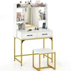 Schminktisch-Set mit Spiegel Schminktisch mit Ladestation Schubladen offenen Regalen und Spiegelschrank für Schlafzimmer Weiß