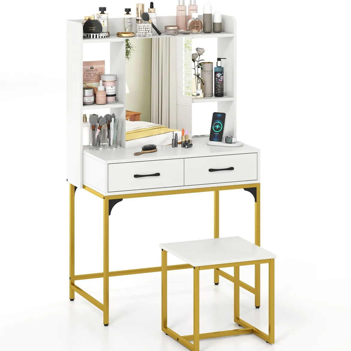 Schminktisch-Set mit Spiegel Schminktisch mit Ladestation Schubladen offenen Regalen und Spiegelschrank für Schlafzimmer Weiß