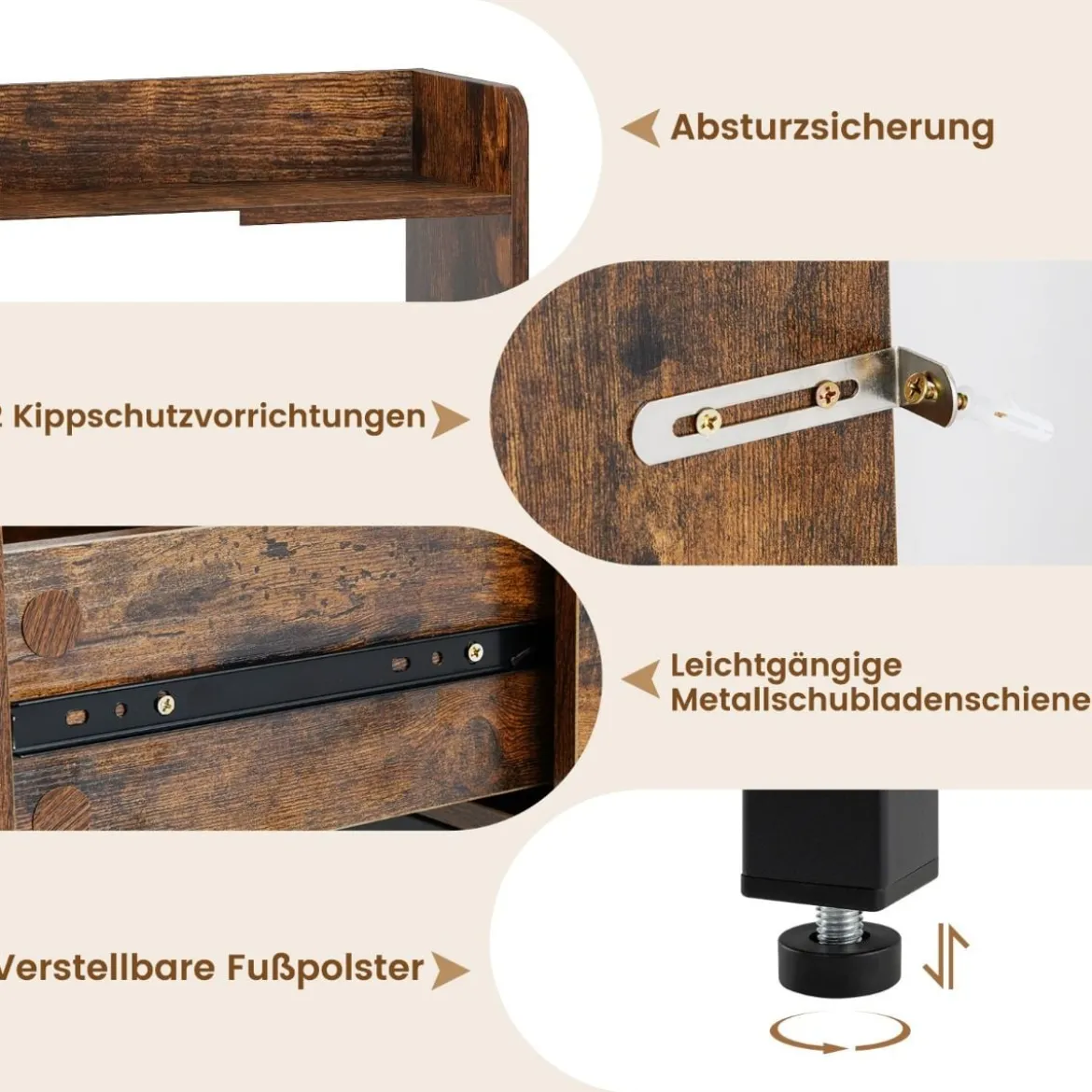 Schminktisch-Set mit Spiegel Schminktisch mit Ladestation Schubladen offenen Regalen Rustikal Braun