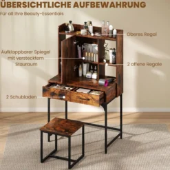 Schminktisch-Set mit Spiegel Schminktisch mit Ladestation Schubladen offenen Regalen Rustikal Braun