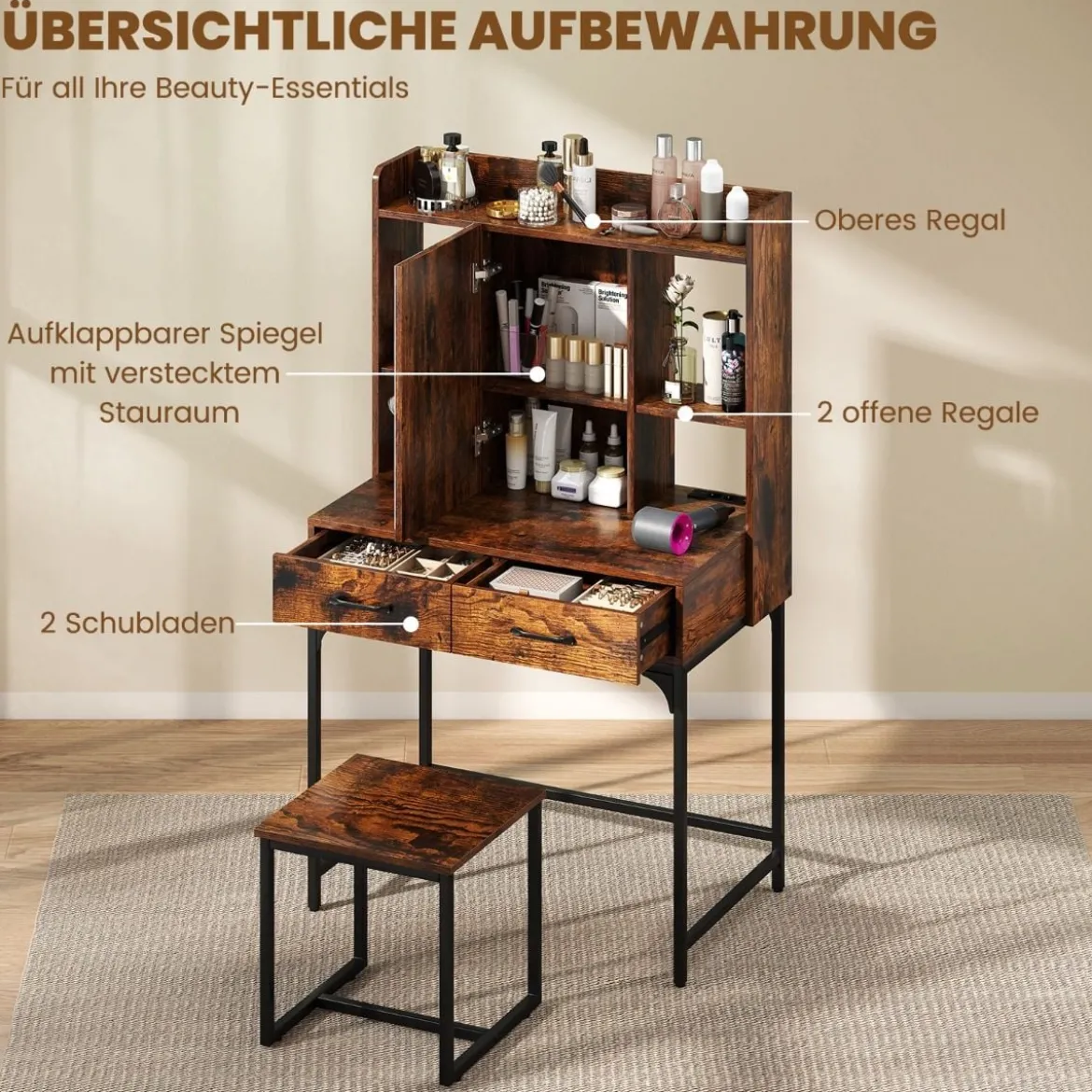 Schminktisch-Set mit Spiegel Schminktisch mit Ladestation Schubladen offenen Regalen Rustikal Braun