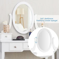 Schminktisch Set mit um 360° Drehbarem Spiegel & Hocker & 5 Schubladen Frisiertisch Weiß