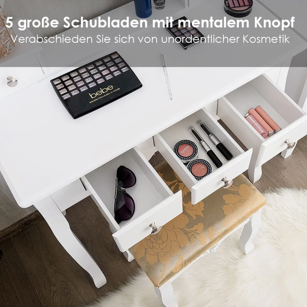 Schminktisch Set mit um 360° Drehbarem Spiegel & Hocker & 5 Schubladen Frisiertisch Weiß