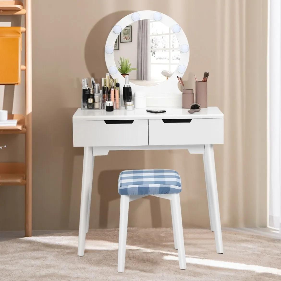 Schminktisch-Set Schminktisch mit gepolstertem Hocker rundem Spiegel Schminktisch mit Spiegel und Beleuchtung