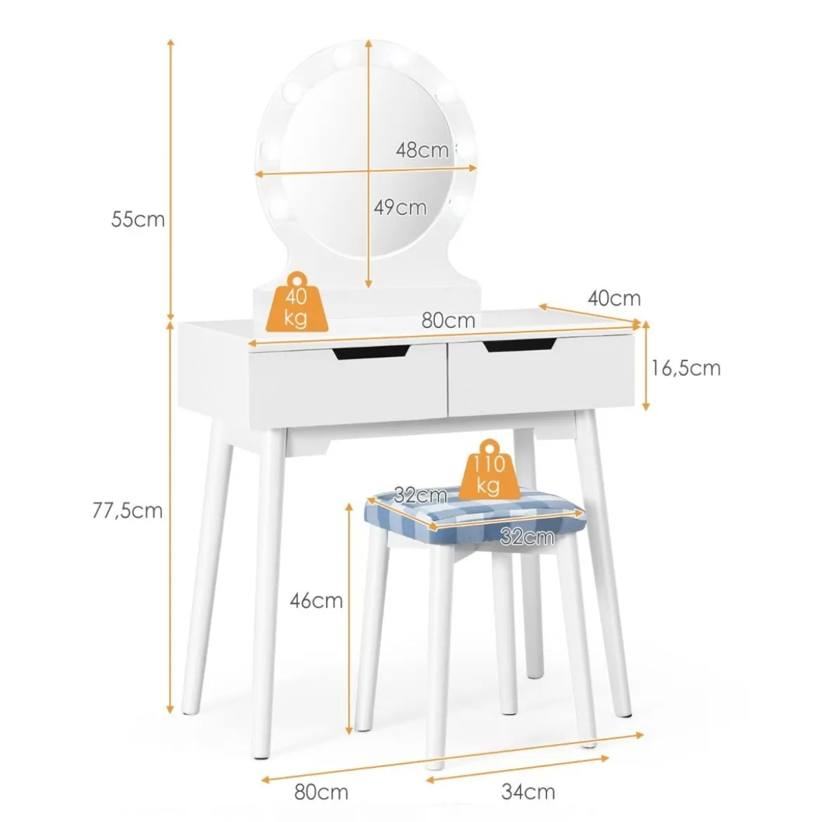 Schminktisch-Set Schminktisch mit gepolstertem Hocker rundem Spiegel Schminktisch mit Spiegel und Beleuchtung
