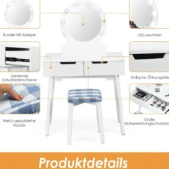 Schminktisch-Set Schminktisch mit gepolstertem Hocker rundem Spiegel Schminktisch mit Spiegel und Beleuchtung