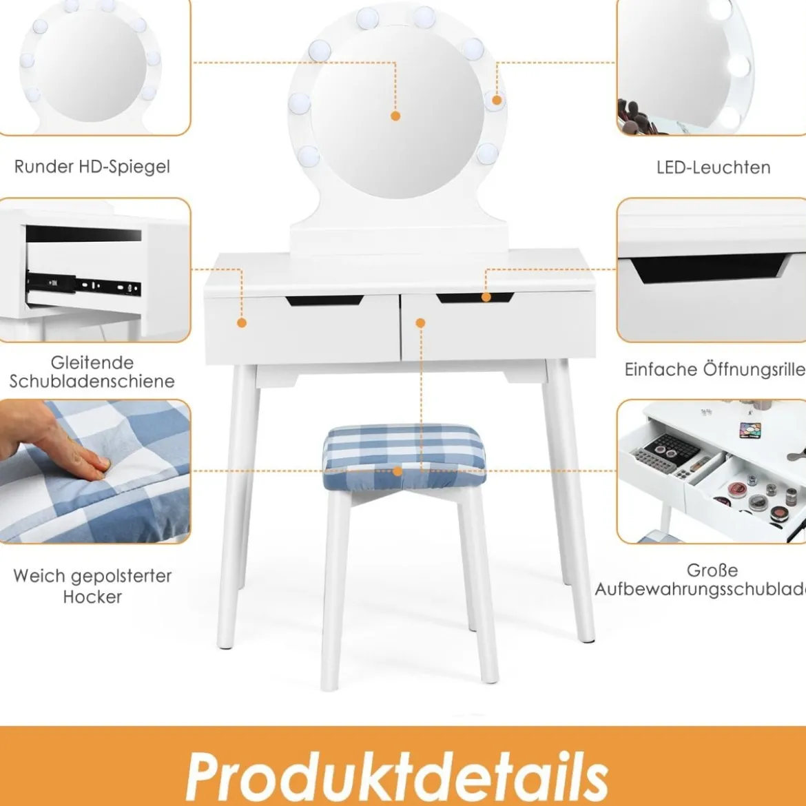 Schminktisch-Set Schminktisch mit gepolstertem Hocker rundem Spiegel Schminktisch mit Spiegel und Beleuchtung