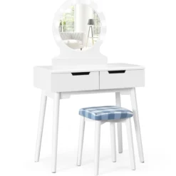 Schminktisch-Set Schminktisch mit gepolstertem Hocker rundem Spiegel Schminktisch mit Spiegel und Beleuchtung