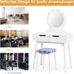 Schminktisch-Set Schminktisch mit gepolstertem Hocker rundem Spiegel Schminktisch mit Spiegel und Beleuchtung