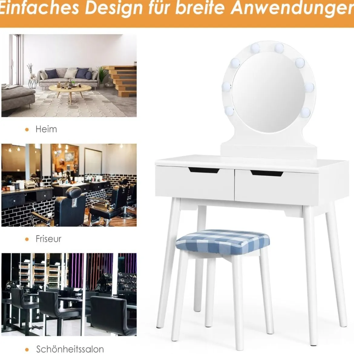 Schminktisch-Set Schminktisch mit gepolstertem Hocker rundem Spiegel Schminktisch mit Spiegel und Beleuchtung