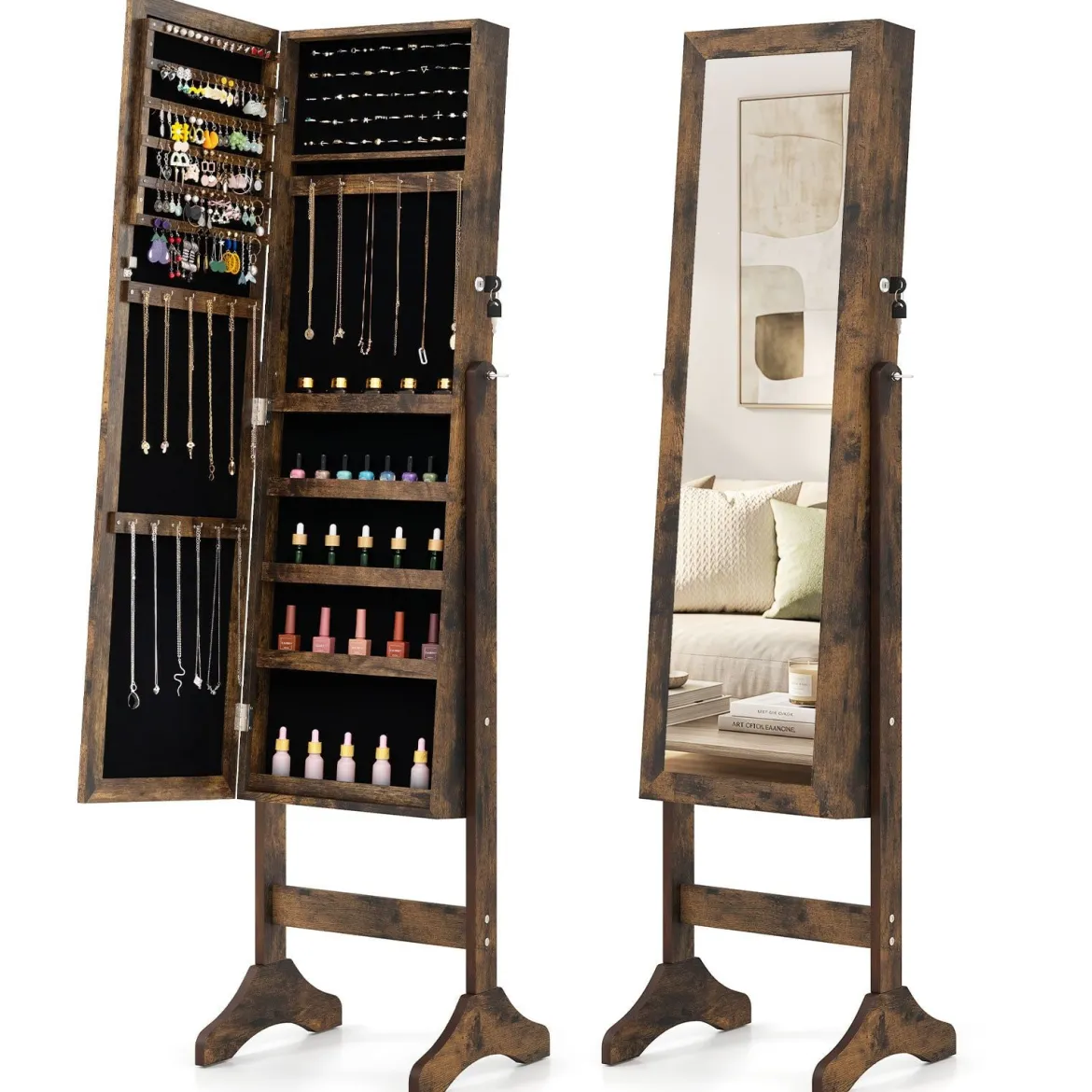 Schmuckschrank Abschließbarer Spiegelschrank mit Ganzkörperspiegel 40 x 36 x 156 cm