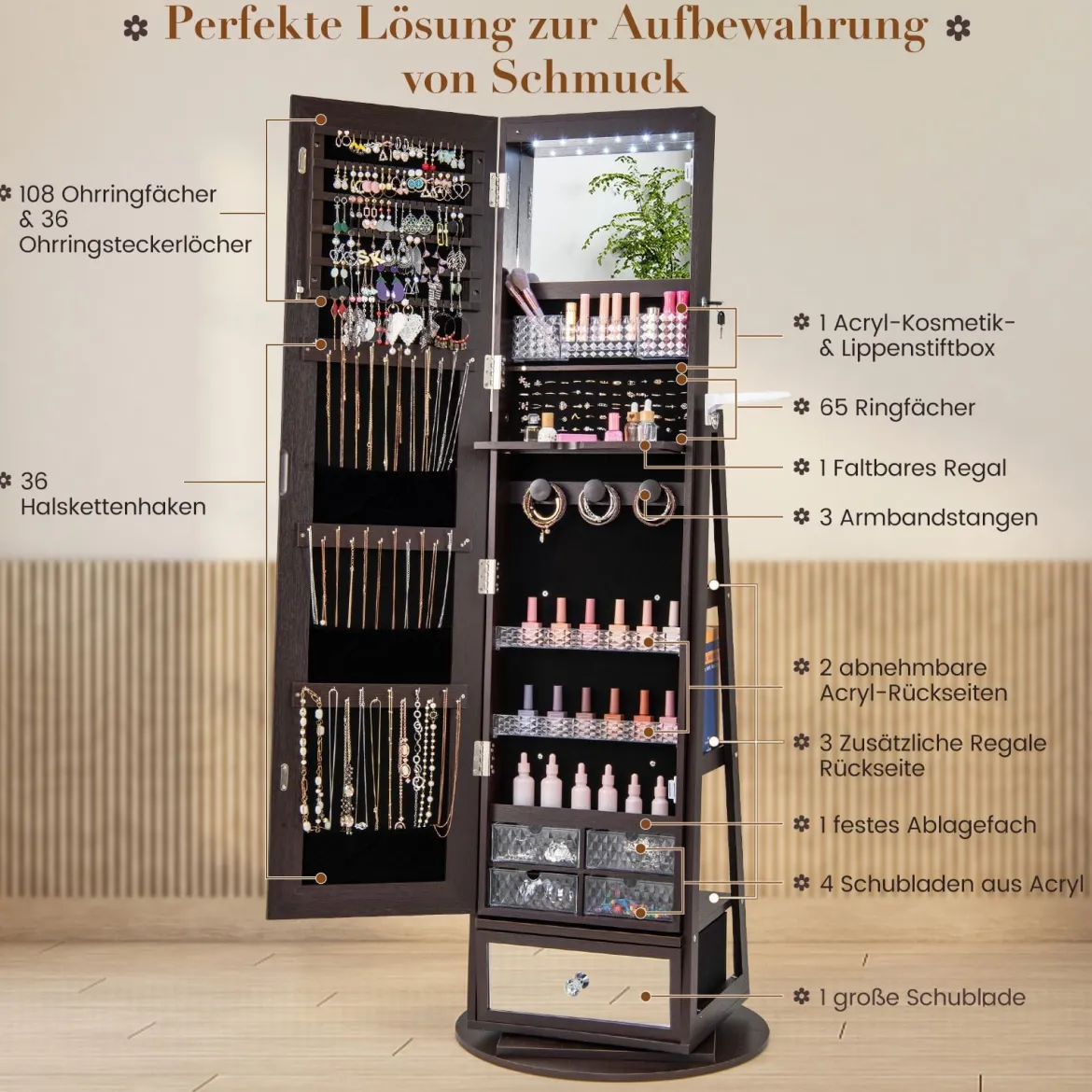 Schmuckschrank 360° drehbar Spiegelschrank abschließbar Schmuckregal mit Ganzkörperspiegel Lila
