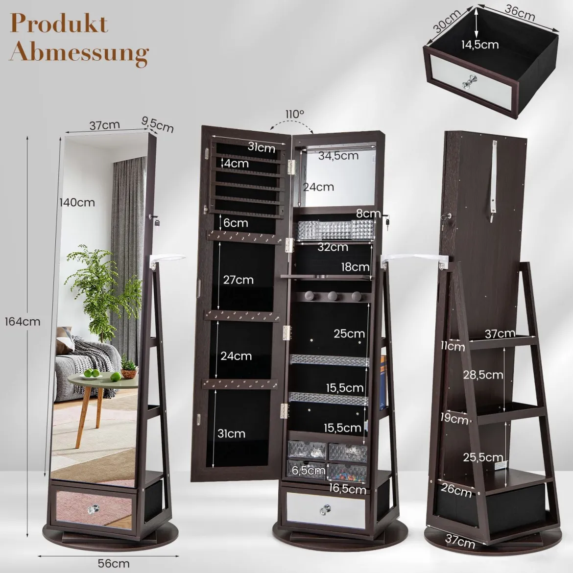 Schmuckschrank 360° drehbar Spiegelschrank abschließbar Schmuckregal mit Ganzkörperspiegel Lila