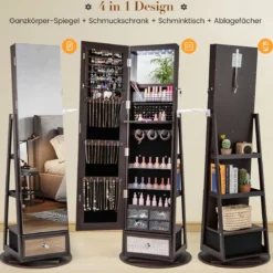 Schmuckschrank 360° drehbar Spiegelschrank abschließbar Schmuckregal mit Ganzkörperspiegel Lila