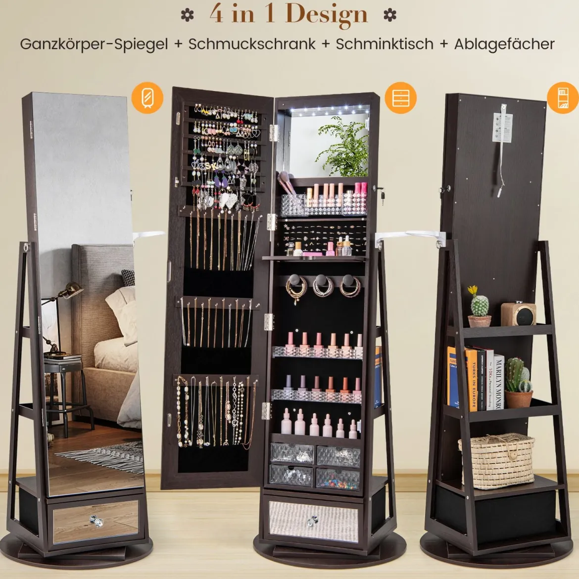 Schmuckschrank 360° drehbar Spiegelschrank abschließbar Schmuckregal mit Ganzkörperspiegel Lila