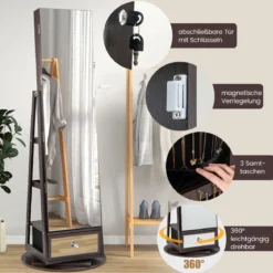 Schmuckschrank 360° drehbar Spiegelschrank abschließbar Schmuckregal mit Ganzkörperspiegel Lila