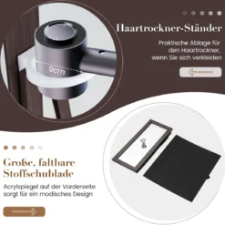 Schmuckschrank 360° drehbar Spiegelschrank abschließbar Schmuckregal mit Ganzkörperspiegel Lila