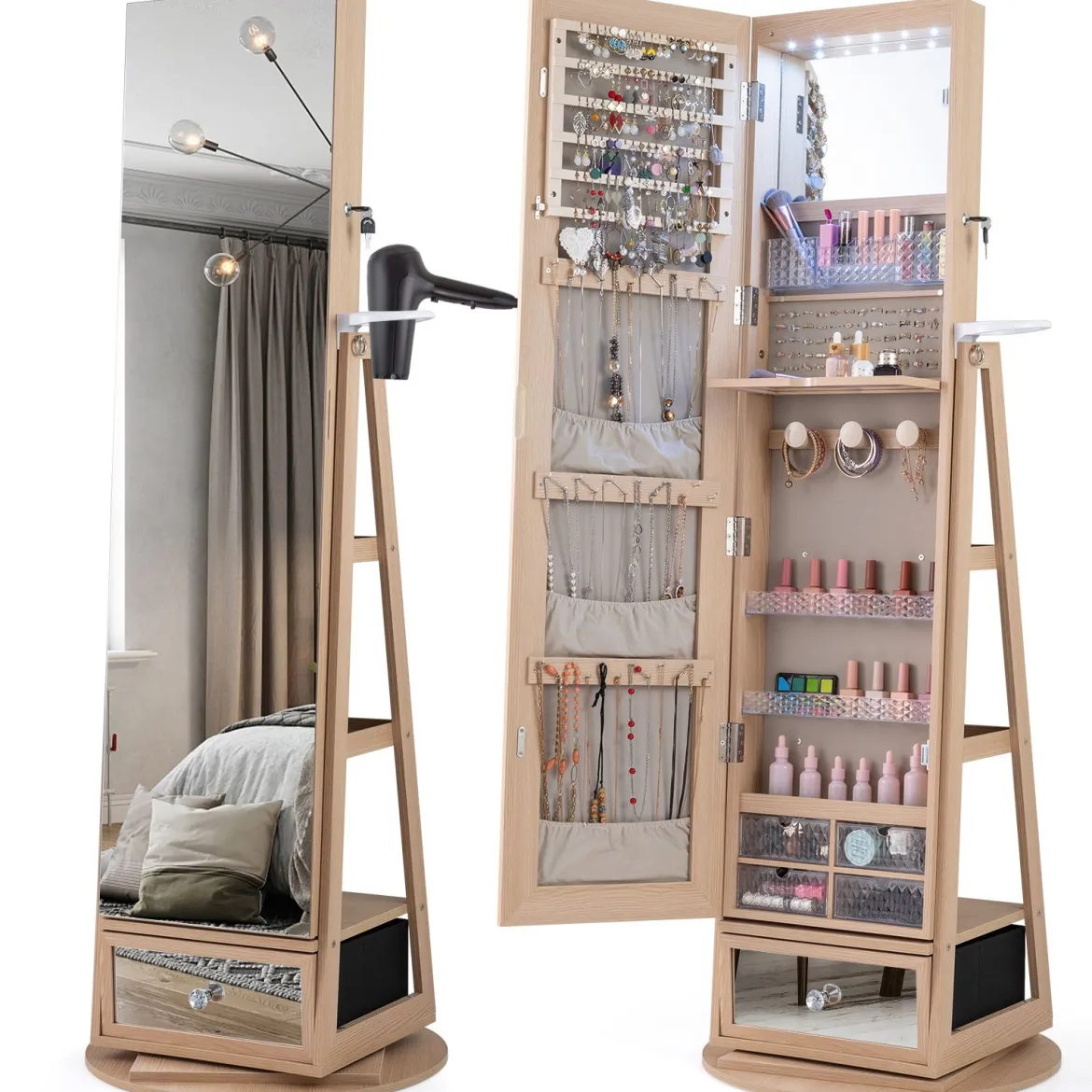 Schmuckschrank 360° Drehbar Spiegelschrank Abschließbar Schmuckregal mit Ganzkörperspiegel Natur
