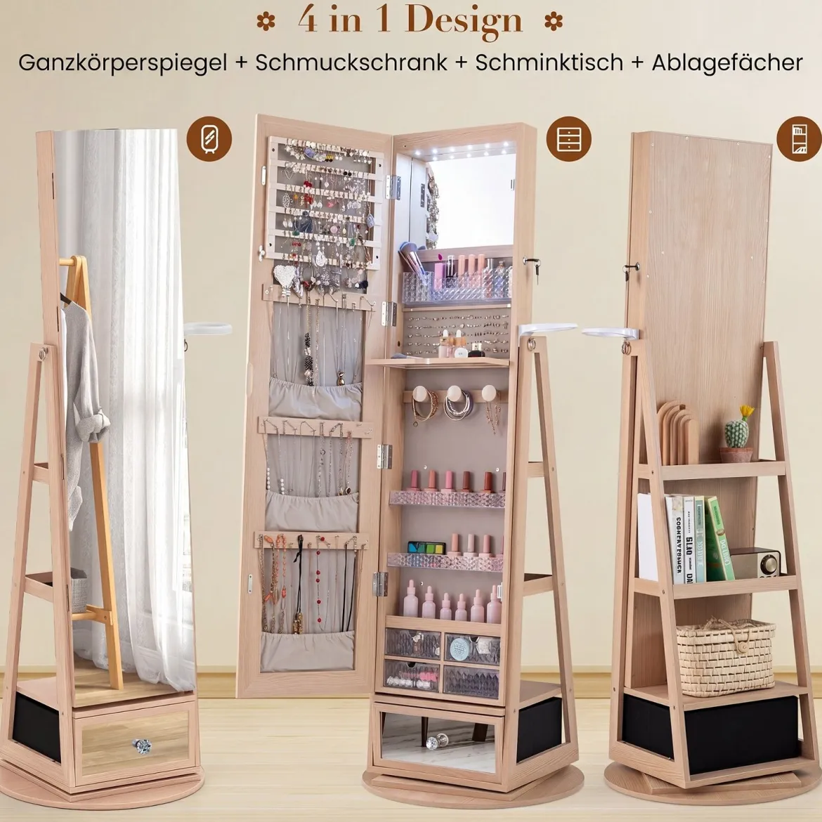 Schmuckschrank 360° Drehbar Spiegelschrank Abschließbar Schmuckregal mit Ganzkörperspiegel Natur
