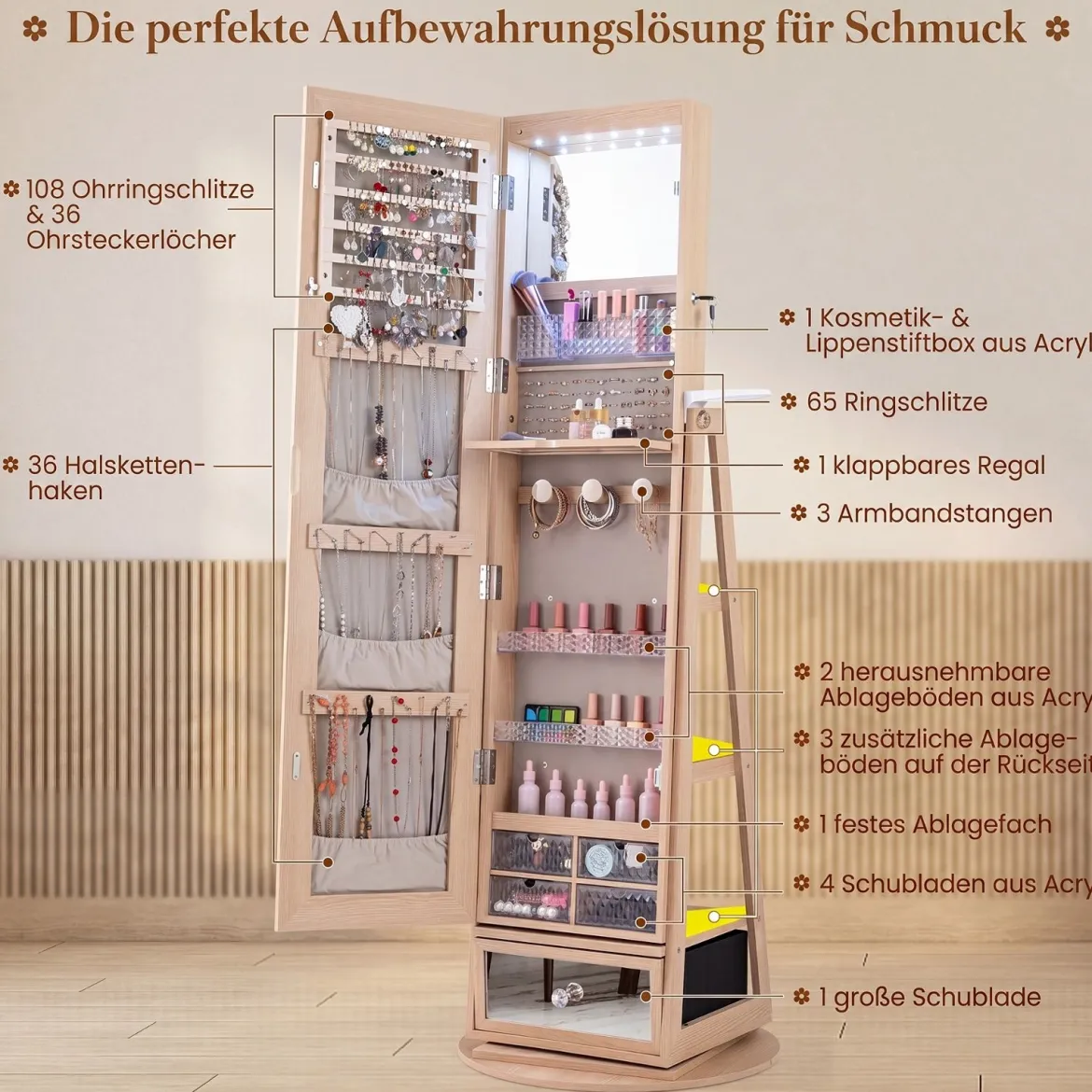 Schmuckschrank 360° Drehbar Spiegelschrank Abschließbar Schmuckregal mit Ganzkörperspiegel Natur