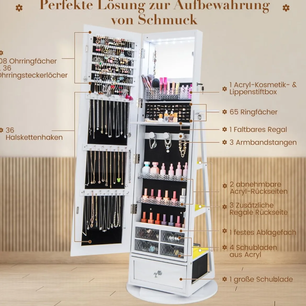Schmuckschrank 360° drehbar Spiegelschrank mit Ganzkörperspiegel 140 x 37 cm Weiß