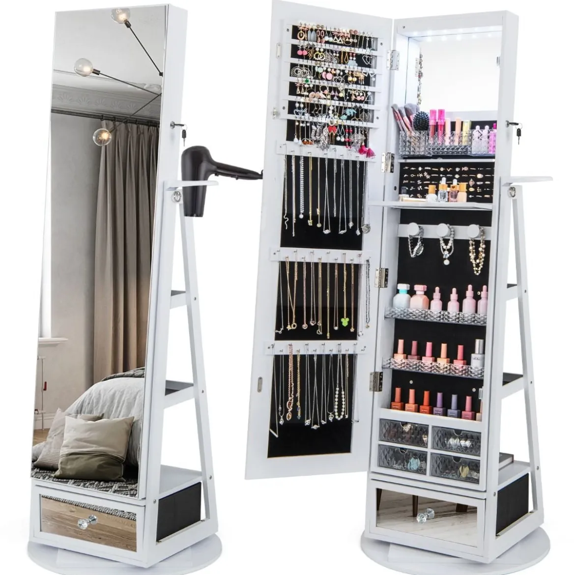 Schmuckschrank 360° drehbar Spiegelschrank mit Ganzkörperspiegel 140 x 37 cm Weiß