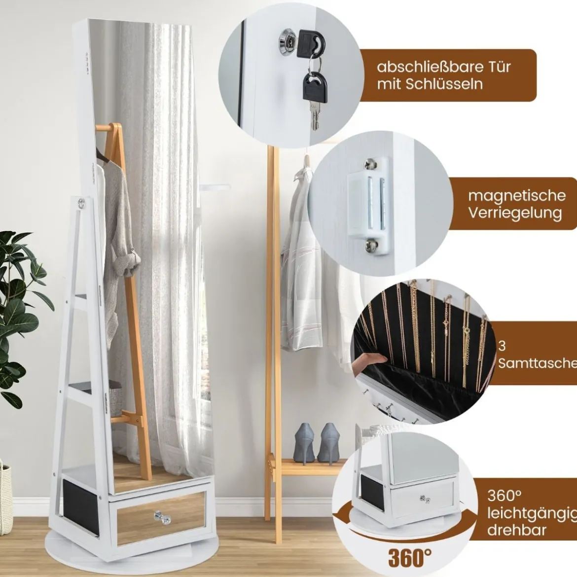Schmuckschrank 360° drehbar Spiegelschrank mit Ganzkörperspiegel 140 x 37 cm Weiß