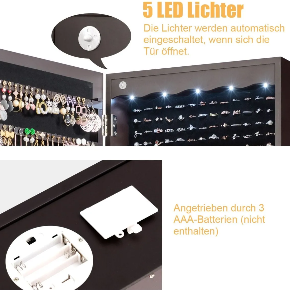 Schmuckschrank Hängend Sipegelschrank mit LED-Beleuchtung 36,5 x 11,5 x 120 cm Braun