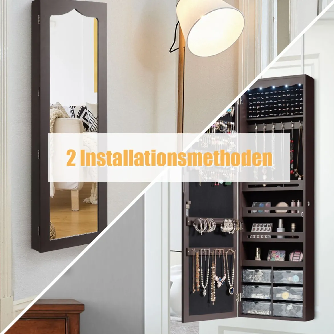 Schmuckschrank Hängend Sipegelschrank mit LED-Beleuchtung 36,5 x 11,5 x 120 cm Braun