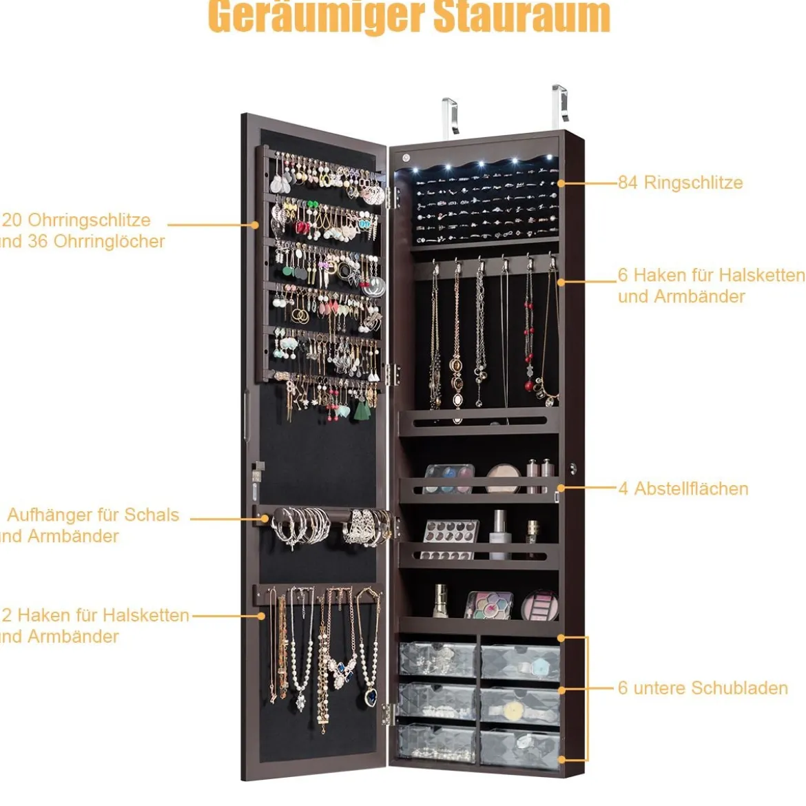 Schmuckschrank Hängend Sipegelschrank mit LED-Beleuchtung 36,5 x 11,5 x 120 cm Braun
