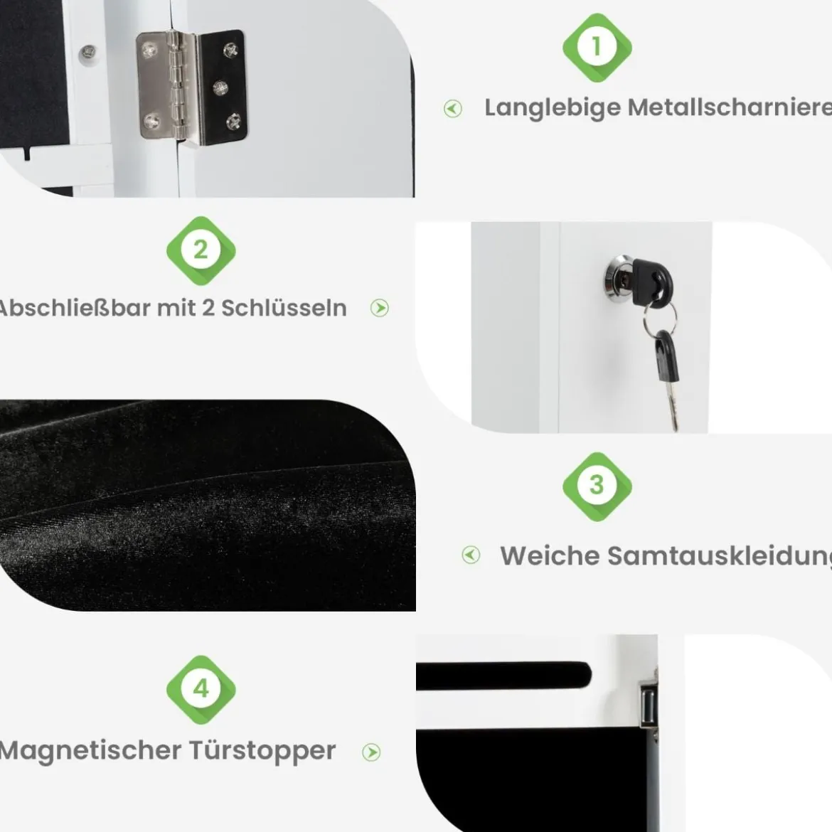 Schmuckschrank Hängend Sipegelschrank mit LED-Beleuchtung 36,5 x 11,5 x 120 cm Weiß