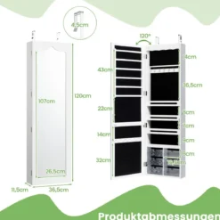 Schmuckschrank Hängend Sipegelschrank mit LED-Beleuchtung 36,5 x 11,5 x 120 cm Weiß