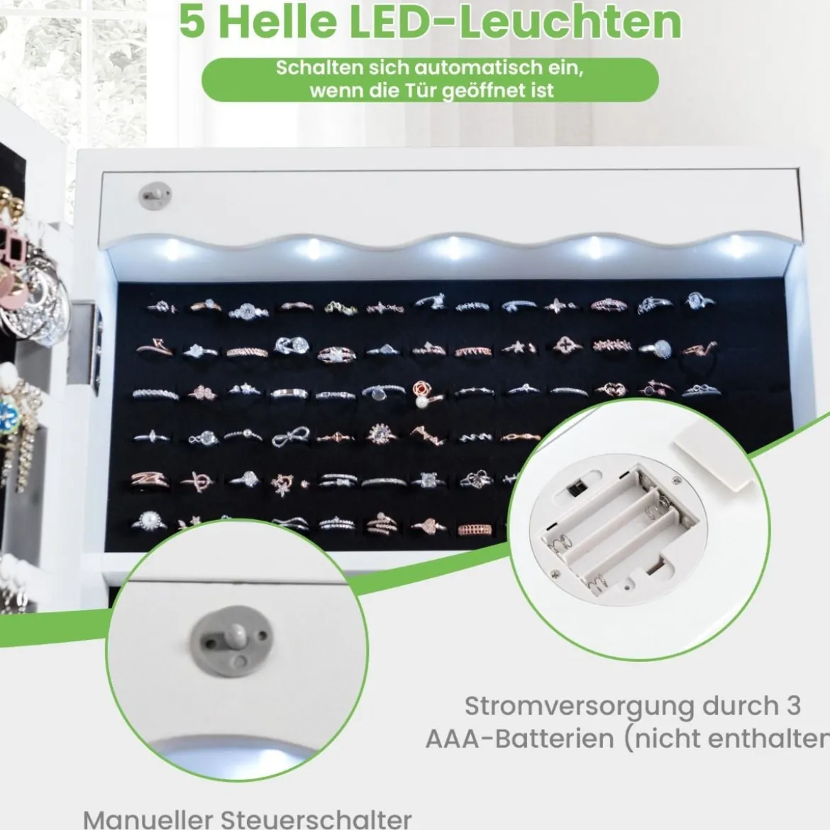 Schmuckschrank Hängend Sipegelschrank mit LED-Beleuchtung 36,5 x 11,5 x 120 cm Weiß
