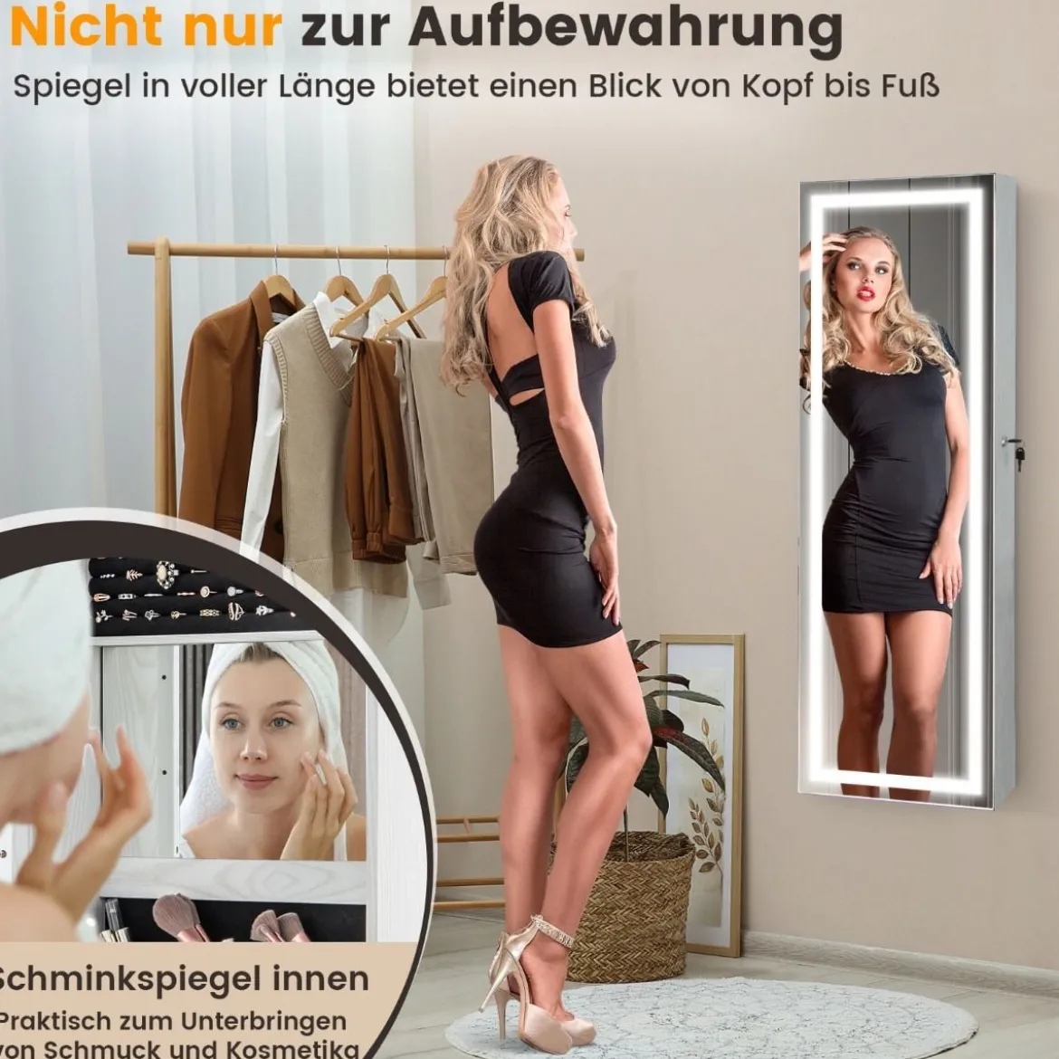 Schmuckschrank hängend Spiegelschrank abschließbar mit Dreifarbige LED Beleuchtung Weiß