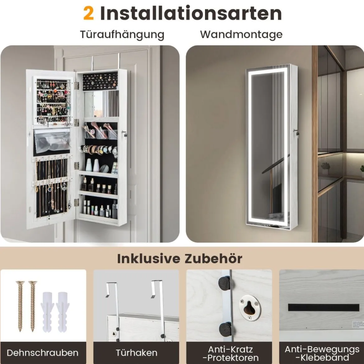 Schmuckschrank hängend Spiegelschrank abschließbar mit Dreifarbige LED Beleuchtung Weiß