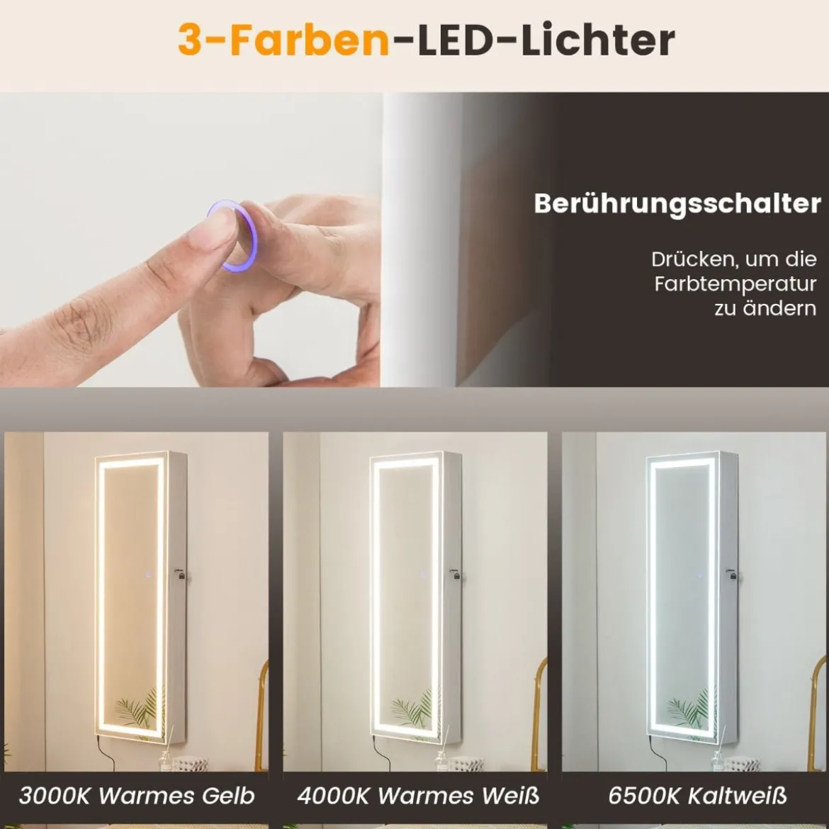 Schmuckschrank hängend Spiegelschrank abschließbar mit Dreifarbige LED Beleuchtung Weiß
