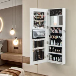 Schmuckschrank hängend Spiegelschrank abschließbar mit Dreifarbige LED Beleuchtung Weiß