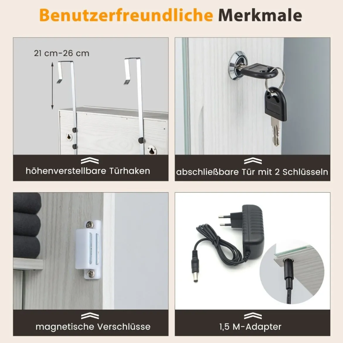 Schmuckschrank hängend Spiegelschrank abschließbar mit Dreifarbige LED Beleuchtung Weiß