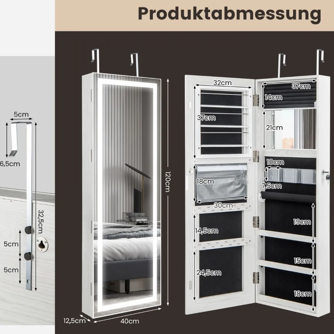 Schmuckschrank hängend Spiegelschrank abschließbar mit Dreifarbige LED Beleuchtung Weiß