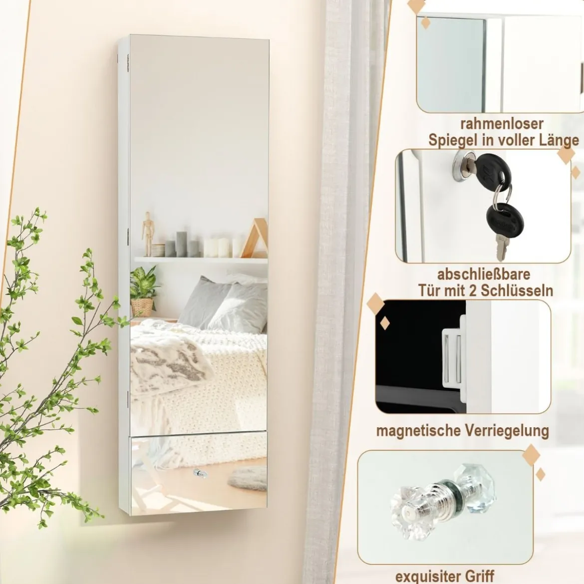 Schmuckschrank hängend Spiegelschrank abschließbar mit LED Beleuchten 120 x 37 x 11 cm Weiß