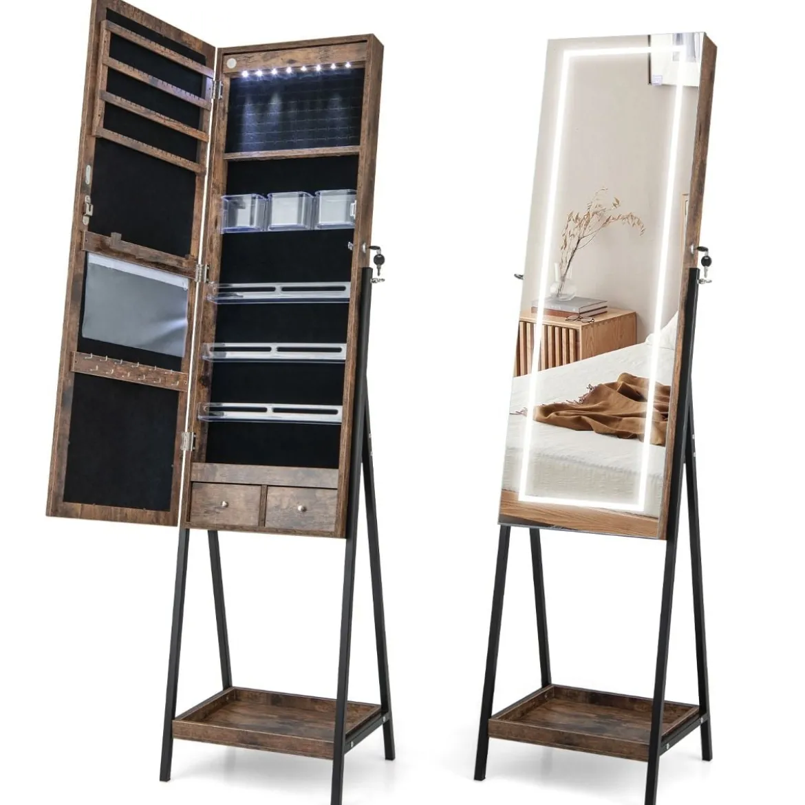 Schmuckschrank mit Ablage & Ganzkörperspiegel & 3 Farbigen LED-Lechten & 2 Schubladen Braun
